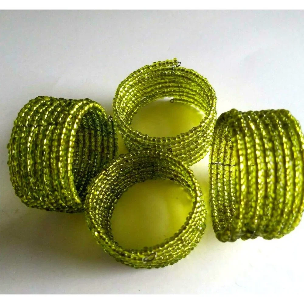 Vintage French Handmade Micro Beaded Napkin Rings set of 4  Lime Green Coiled